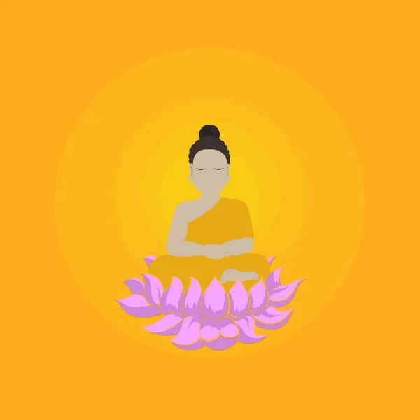 Cute buddha in glow, meditating monk. Orange page and colorful clipart character. Cartoon design for t shirt print, icon, logo, label, patch or sticker