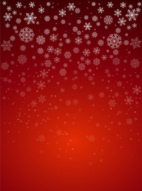 Mutlu noeller ve mutlu yeni yıllar kırmızı arka planda ve kar yağıyor.