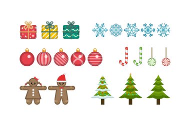 Mutlu noeller ve mutlu yeni yıllar çeşitli noel hediyeleriyle.