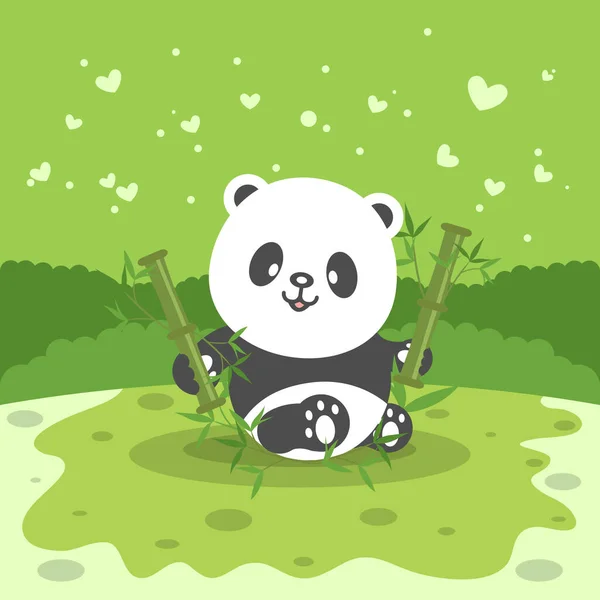 Çizgi film karakteri panda 'nın yeşil ton konsepti olan bambu yediğini gösteren hoş bir çizim..