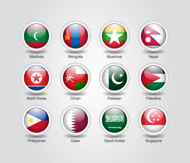 Asya ülkelerinin bayrakları için 3D simgelerin parlak çemberleri.