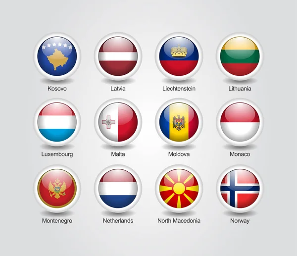 Iconos Conjunto Círculo Brillante Para Europa Banderas Los Países — Vector de stock