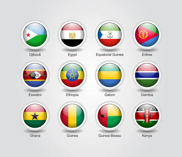 Ikony Lesklý Kruh Nastaven Pro Africké Vlajky Zemí — Stockový vektor