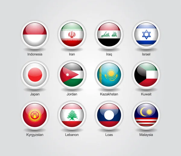 Icons Glossy Circle Set Asia Countries Flags — Stock Vector