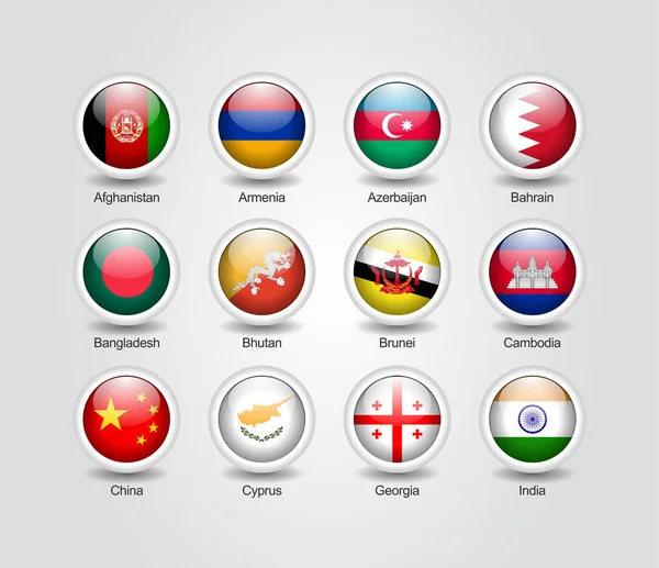 Iconos Conjunto Círculo Brillante Para Las Banderas Los Países Asia — Archivo Imágenes Vectoriales