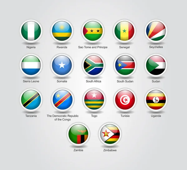 Iconos Conjunto Círculo Brillante Para Las Banderas Los Países África — Vector de stock