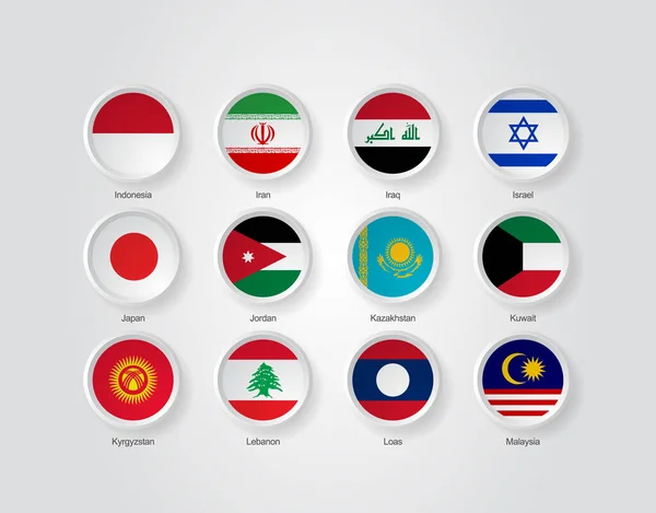 Iconos Relieve Conjunto Círculo Para Las Banderas Los Países Asia — Archivo Imágenes Vectoriales