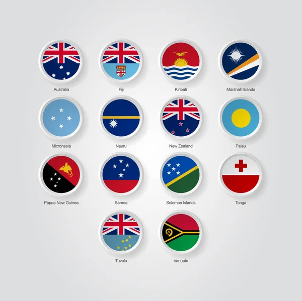 Ikonok Dombornyomott Kör Készlet Ausztrália Óceánia Országok Zászlók — Stock Vector