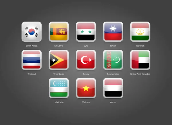 Ikoner Glansiga Rundade Rektangel Uppsättning Asien Flaggor — Stock vektor