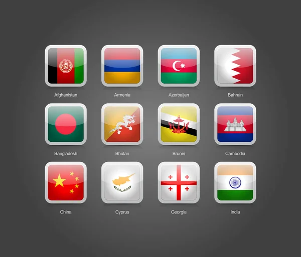 Εικονίδια Γυαλιστερό Στρογγυλό Ορθογώνιο Σύνολο Των Σημαιών Της Ασίας — Διανυσματικό Αρχείο