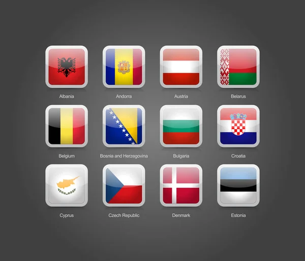 Icons Glossy Rounded Rectangle Set Europe Flags — Stock Vector