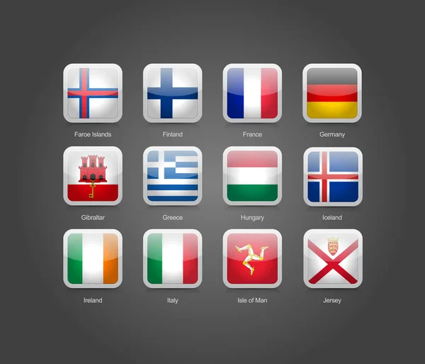 Ikony Lesklé Zaoblené Obdélníkové Sady Evropských Vlajek — Stockový vektor