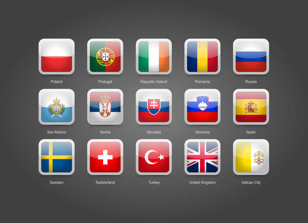 Трехмерные иконки глянцевые округлые прямоугольные наборы флагов Европы.