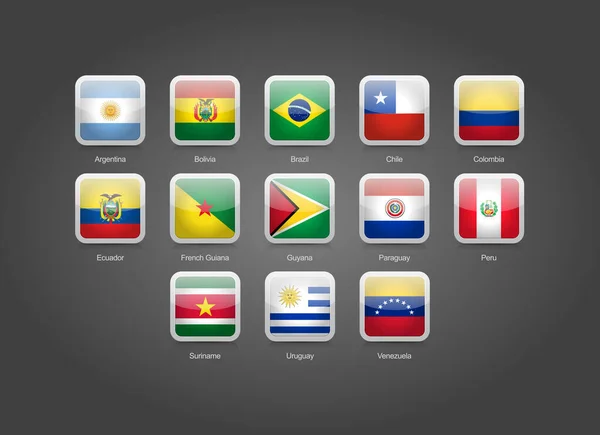 Pictogrammen Glanzend Afgeronde Rechthoek Set Van Zuid Amerika Vlaggen — Stockvector