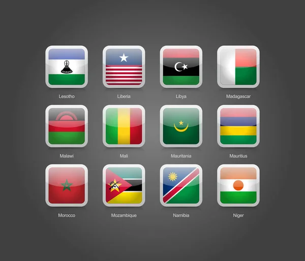 Трехмерные Иконы Глянцевые Округлые Прямоугольные Наборы Флагов Африки — стоковый вектор