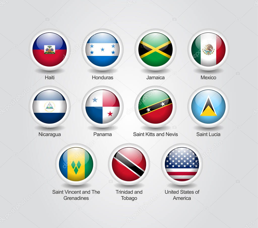 3D icons glossy circle set for North America countries flags.