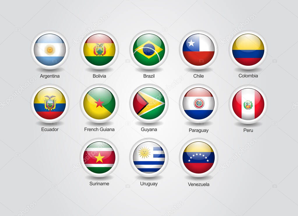 3D icons glossy circle set for South America countries flags.