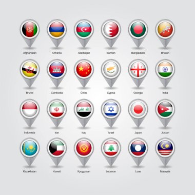 Asya ülkelerinin iğne noktası simgelerinin 3B vektör tasarımı