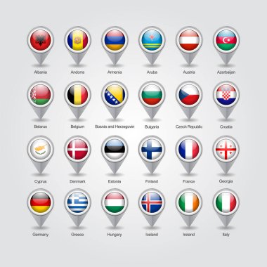 Avrupa ülkelerinin iğne noktası simgelerinin 3B vektör tasarımı