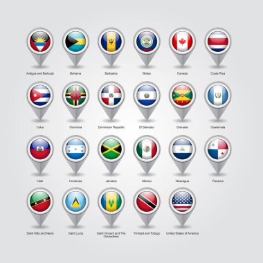 Kuzey Amerika ülkelerinin iğne noktası simgelerinin 3B vektör tasarımı