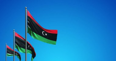 Mavi gökyüzünde Libya 'yı dalgalandıran bayrak direğinin 3D çizimi