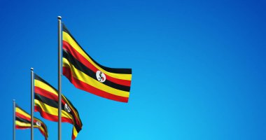 Mavi gökyüzünde uçan Uganda bayrak direğinin 3 boyutlu çizimi