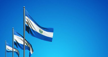 Mavi gökyüzünde dalgalanan El Salvador bayrak direğinin 3 boyutlu çizimi