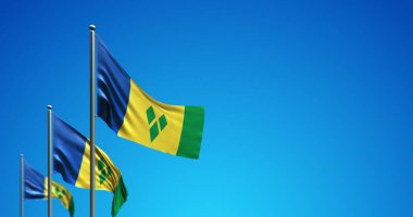 Mavi gökyüzünde dalgalanan Saint Vincent ve The Grenadines bayrak direğinin 3 boyutlu çizimi
