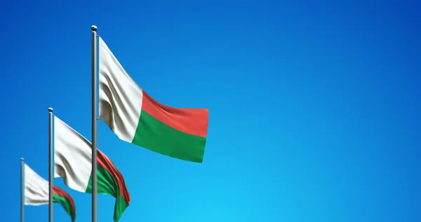Mavi gökyüzünde dalgalanan Madagaskar bayrak direğinin 3 boyutlu çizimi