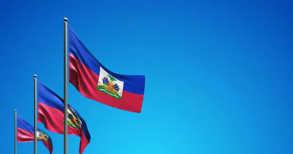 Mavi gökyüzünde dalgalanan Haiti bayrak direğinin 3 boyutlu çizimi