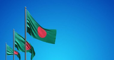 Bangladeş 'in mavi gökyüzünde dalgalanan bayrak direğinin 3 boyutlu çizimi