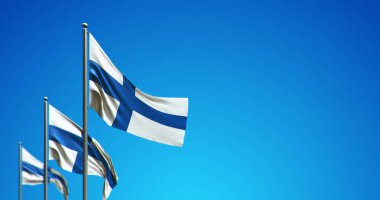 Finlandiya 'yı mavi gökyüzünde dalgalandıran bayrak direğinin 3D çizimi