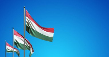 Mavi gökyüzünde Macaristan 'ı dalgalandıran bayrak direğinin 3D çizimi