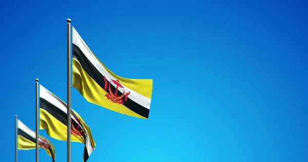 Mavi gökyüzünde dalgalanan Brunei bayrak direğinin 3 boyutlu çizimi