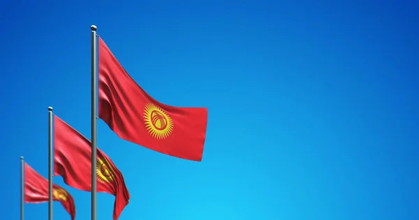 Kırgızistan 'da mavi gökyüzünde dalgalanan bayrak direğinin 3 boyutlu çizimi