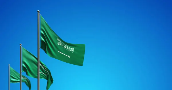 Mavi gökyüzünde dalgalanan Suudi Arabistan bayrak direğinin 3D çizimi
