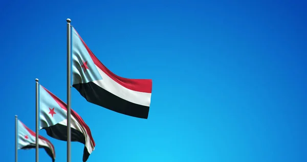 Güney Yemen 'de mavi gökyüzünde dalgalanan bayrak direğinin 3 boyutlu çizimi