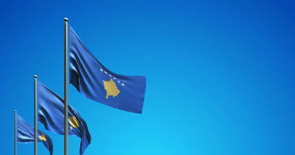 Mavi gökyüzünde Kosova 'yı dalgalandıran bayrak direğinin 3D görüntüsü
