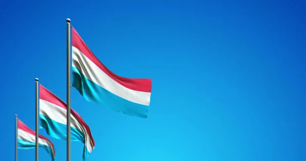 Mavi gökyüzünde dalgalanan Lüksemburg bayrak direğinin 3 boyutlu çizimi