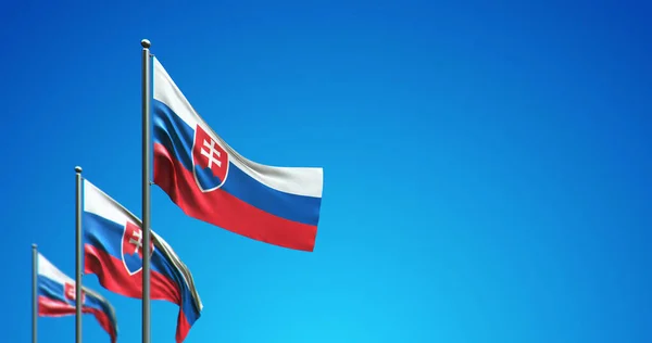 Mavi gökyüzünde dalgalanan Slovakya bayrak direğinin 3 boyutlu çizimi