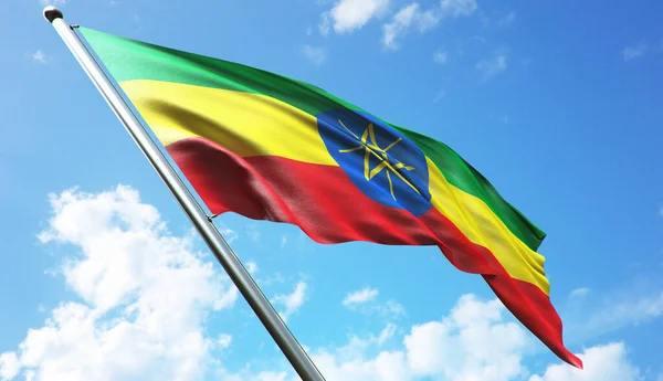 Bandeira Etiópia Com Fundo Azul Céu — Fotografia de Stock