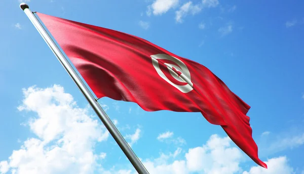 Tunisien Flagga Med Blå Himmel Bakgrund — Stockfoto
