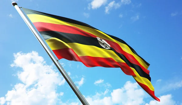 Ugandská Vlajka Modrou Oblohou Pozadí — Stock fotografie