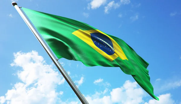 Bandera Brasil Con Fondo Azul Cielo Nublado —  Fotos de Stock