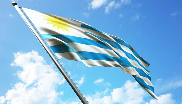 Uruguayská Vlajka Zakalenou Modrou Oblohou Pozadí — Stock fotografie