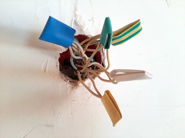 Elektrik kabloları kutunun içindeki duvarın içinde saklı. İçeride. Yeşil. Sarı, beyaz mavi. Beyaz alçıda.