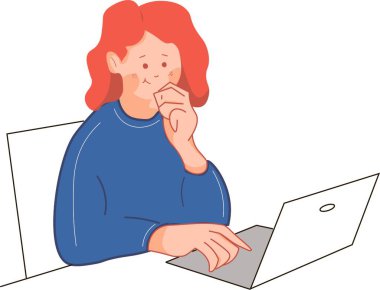 Mavi elbiseli genç bir kız dizüstü bilgisayarın yanında oturuyor..