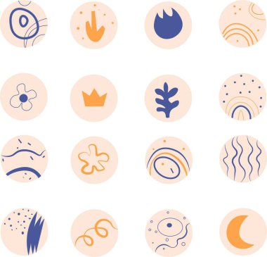 Boho şekilleri ve çizilmiş karalamalarla soyut örtülü gölgeler. Gökkuşağı, çiçek, taç, yıldız ve bitkilerin yer aldığı modern sosyal medya hikaye çemberi simgeleri