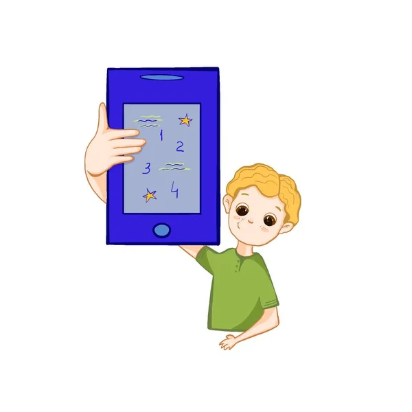  Elinde telefon tutan bir çocuğun resmi. Telefonu olan bir adam. - Telefon. İş için illüstrasyon, eğitim, iş için simgeler