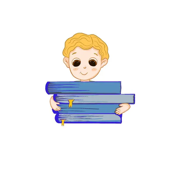 Kitapları olan bir çocuğun çizimi. Eğitim için kitaplar, iş için resimler, hikayeler için simgeler